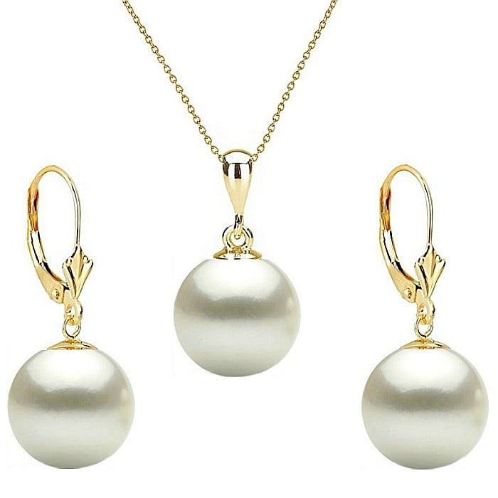 Set Perle - Colier cu Pandantiv si Cercei, Aur Galben 14K, Perle Albe Premium 10 mm KASKADDA