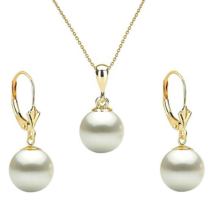 Set Perle - Colier cu Pandantiv si Cercei, Aur Galben 14K, Perle Albe Premium 8 mm KASKADDA