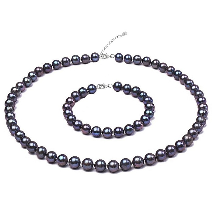 Set Perle - Colier si Bratara cu Perle Naturale Negre 7-8 mm, Argint 925 KASKADDA