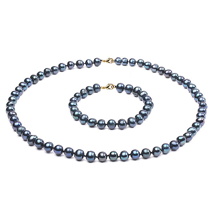 Set Perle - Colier si Bratara cu Perle Naturale Negre 7-8 mm, Inchizatori Aur Galben 14K KASKADDA