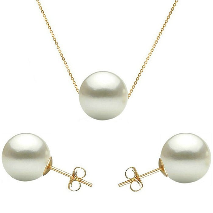 Set Perle - Colier si Cercei Tip surub, Aur Galben 14K, Perle Albe Premium 8 mm KASKADDA