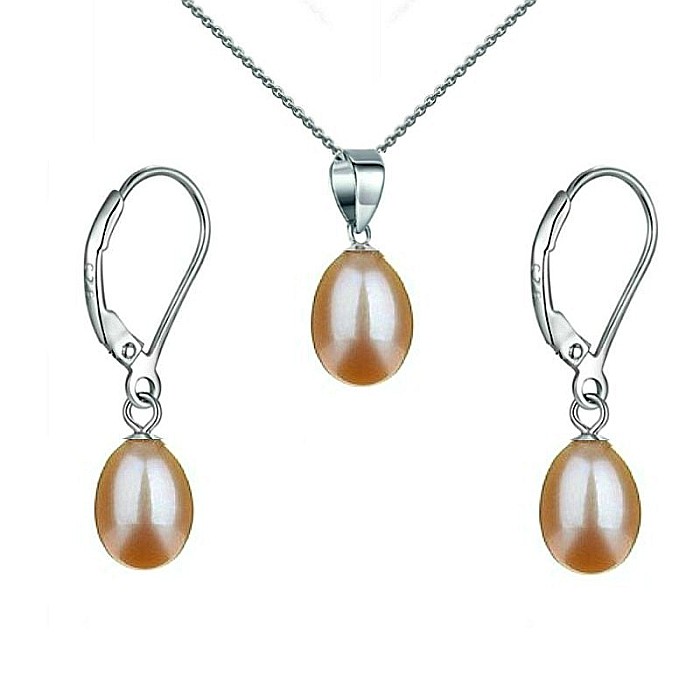 Set Perle Crem Lacrima - Colier cu Pandantiv si Cercei, Argint 925, Perle Naturale 5 8 mm KASKADDA