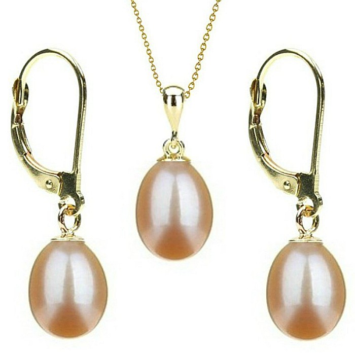 Set Perle Crem Lacrima - Colier si Cercei, Aur Galben 14K, Perle Naturale 5 8 mm KASKADDA