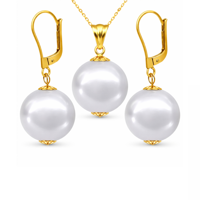 Set Perle Edison AAA Rare - Colier cu Pandantiv si Cercei cu Aur Galben 14K, Perle Naturale 12,5-13 mm KASKADDA