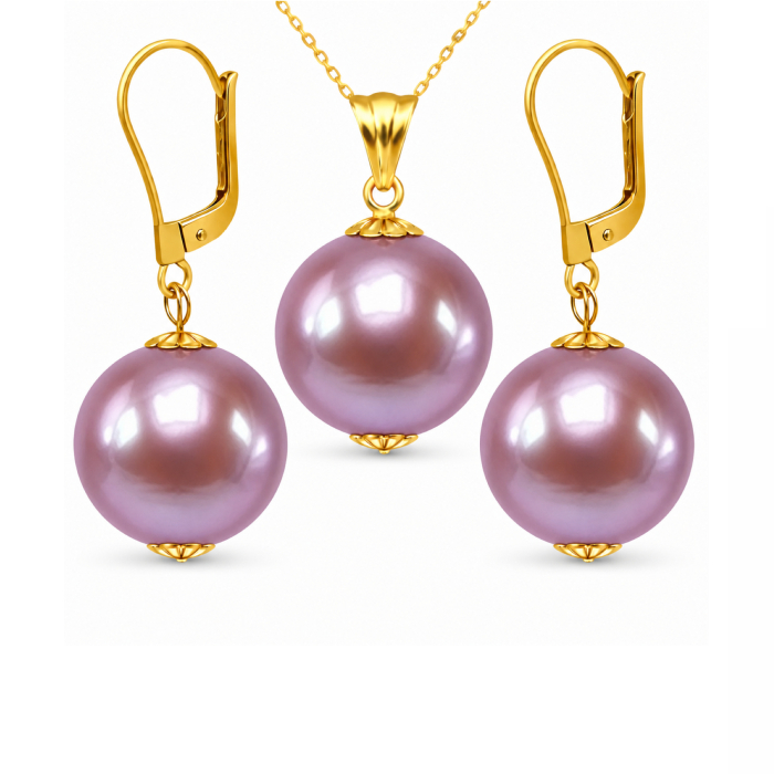 Set Perle Edison Lavanda AAA Rare - Colier si Cercei Aur Galben 14K, Perle Naturale 12,5-13 mm KASKADDA