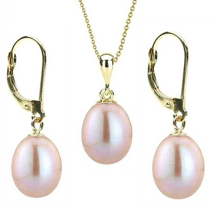 Set Perle Lavanda Lacrima - Colier si Cercei, Aur Galben 14K, Perle Naturale 5 8 mm KASKADDA