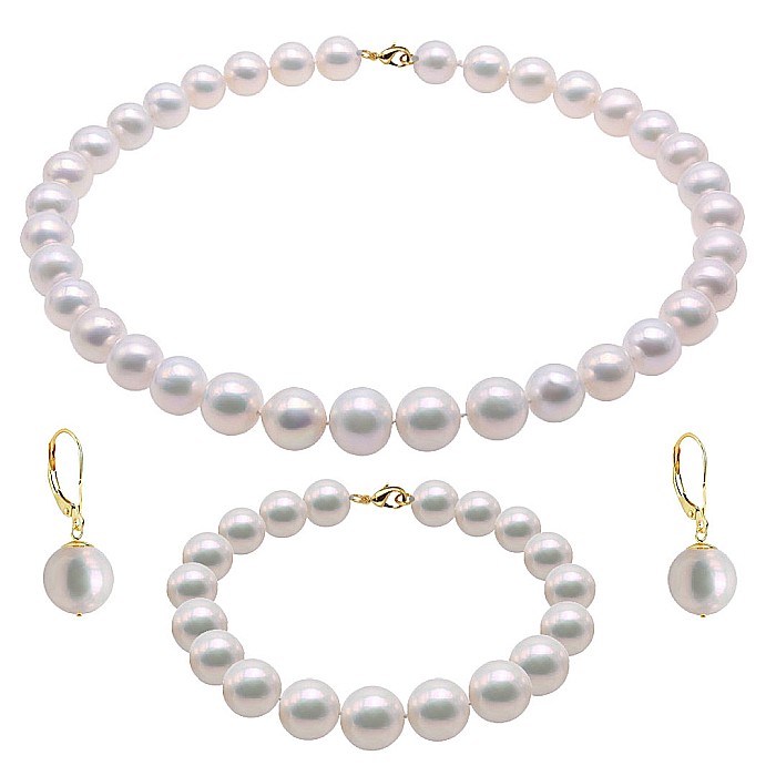 Set Perle Mari - Colier, Bratara si Cercei Business, Aur Galben 14K, Perle Albe Premium 8,5-9,5 mm KASKADDA
