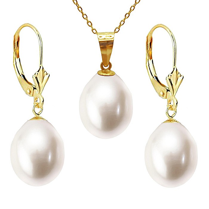 Set Perle Mari - Colier cu Pandantiv si Cercei, Aur Galben 14K, Perle Albe Rare 11 9 mm, Forma Lacrima AAA+ KASKADDA