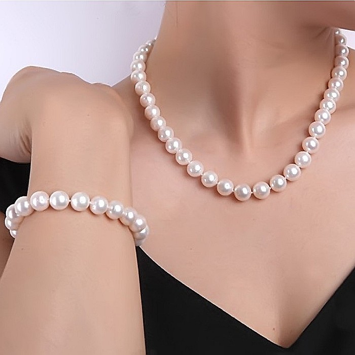 Set Perle Mari - Colier si Bratara Business, Inchizatori Aur Galben 14K, Perle Albe 8,5-9,5 mm KASKADDA