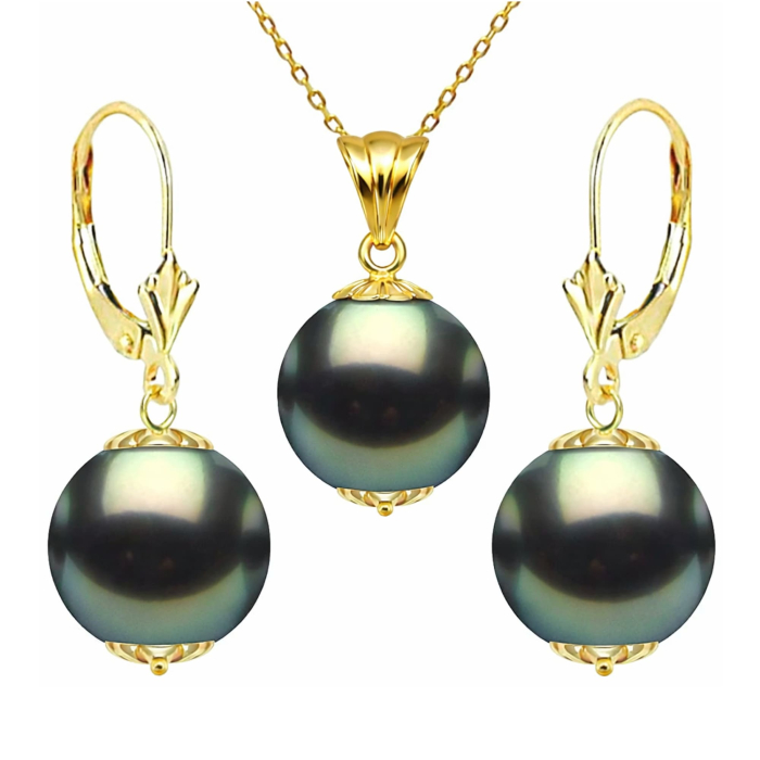 Set Perle Negre Tahitiene - Colier cu Pandantiv si Cercei, Aur Galben 14K, Perle Rotunde 9-10 mm, Calitate AAA KASKADDA