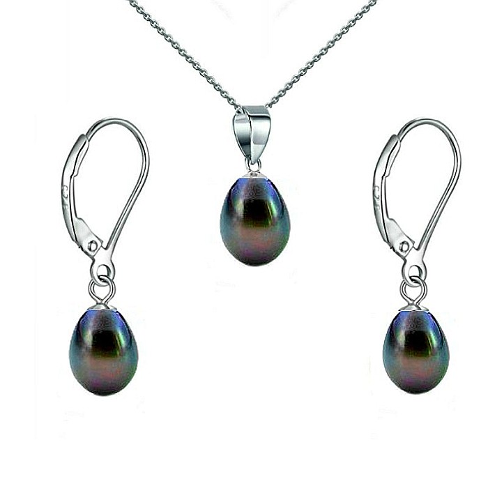 Set Perle Negru-Albastrui Lacrima - Colier si Cercei, Argint Rodiat 925, Perle Naturale 5 8 mm KASKADDA