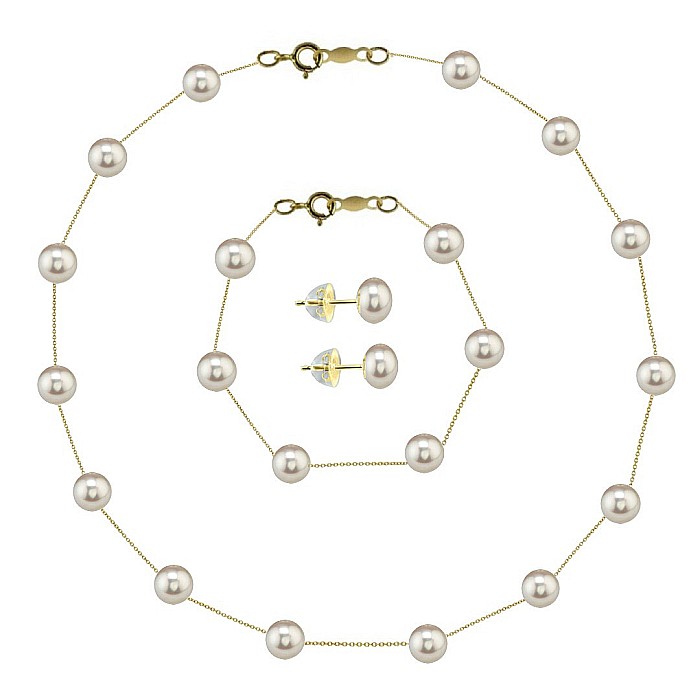 Set Perle Office- Colier, Bratara si Cercei cu Perle Naturale Albe 4-5 mm, Aur Galben 14K (aur 585) - KASKADDA
