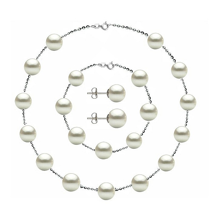 Set Perle Office - Colier, Bratara si Cercei Tortita Inchisa, Argint 925, Perle Naturale Albe 7-8 mm KASKADDA