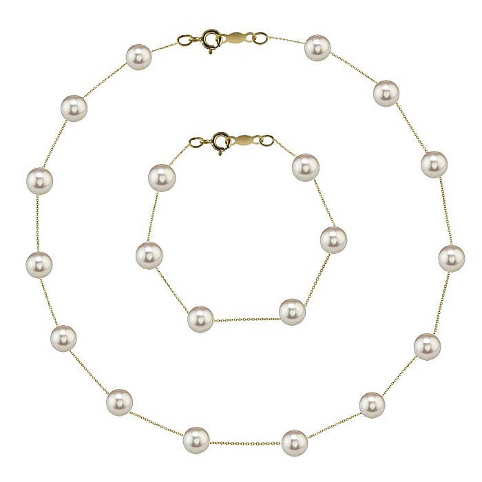 Set Perle Office- Colier si Bratara cu Perle Naturale Albe 4-5 mm, Aur Galben 14K (aur 585) KASKADDA