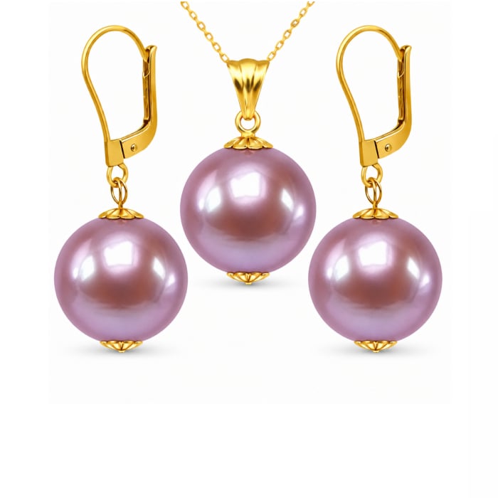 Set Perle Rare Edison, Lavanda, AAA - Colier si Cercei Aur Galben 14K, Perle Naturale 12-12,5 mm KASKADDA