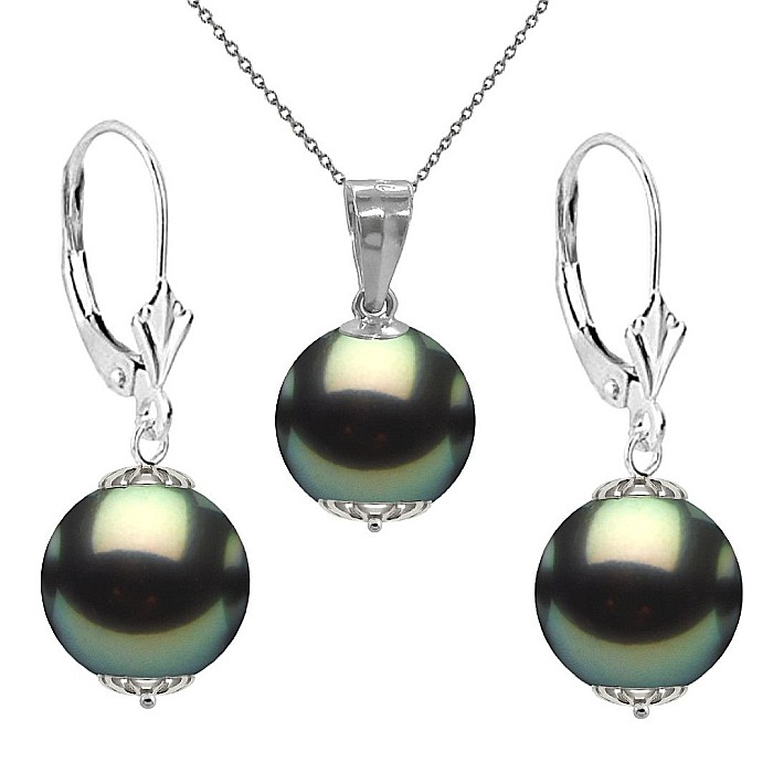 Set Perle Tahitiene - Colier cu Pandantiv si Cercei, Aur Alb 14K, Perle Rotunde 8-9 mm, Calitate AAA KASKADDA