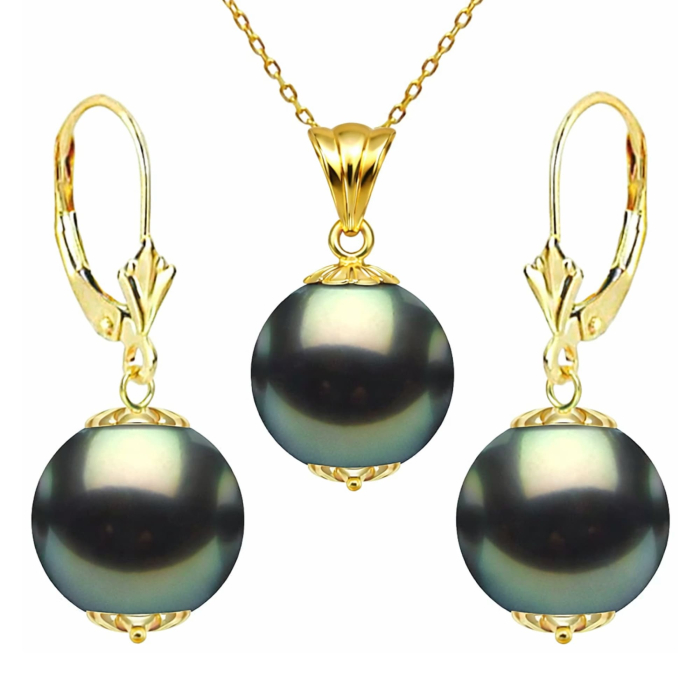 Set Perle Tahitiene Negre - Colier cu Pandantiv si Cercei, Aur Galben 14K, Perle Rotunde 10-11 mm, Calitate AAA KASKADDA