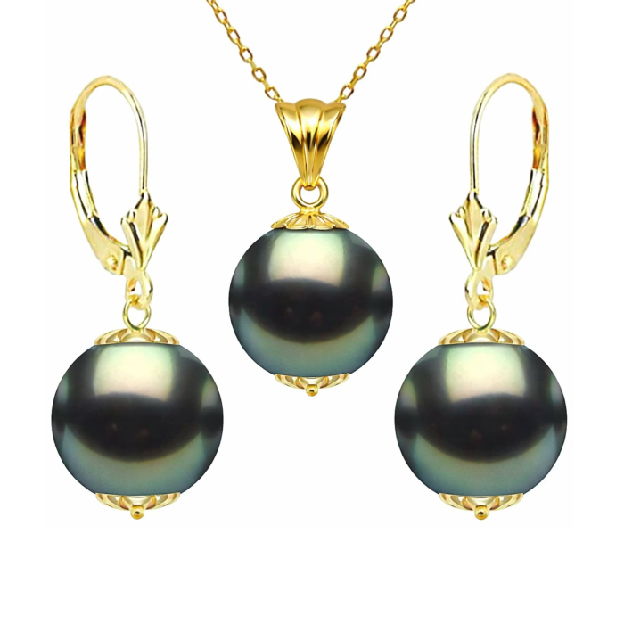 Set PerleNegre Tahitiene - Colier cu Pandantiv si Cercei, Aur Galben 14K, Perle Naturale 8-9 mm, Calitate AAA KASKADDA