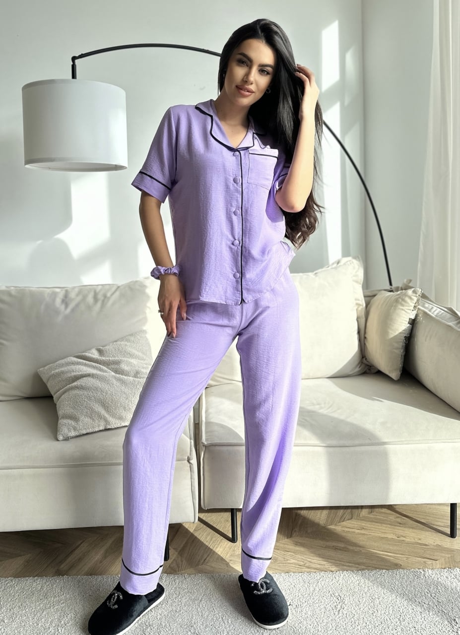 Set pijama dama din doua piese, cu nasturi – 2300131, Lila - poza 1