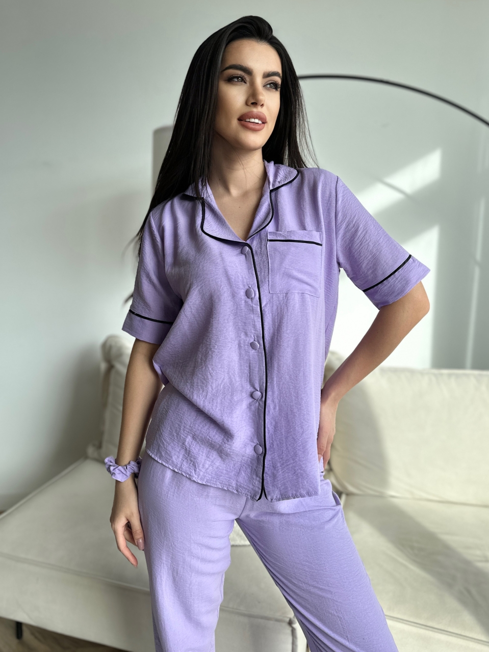 Set pijama dama din doua piese, cu nasturi – 2300131, Lila - poza 2