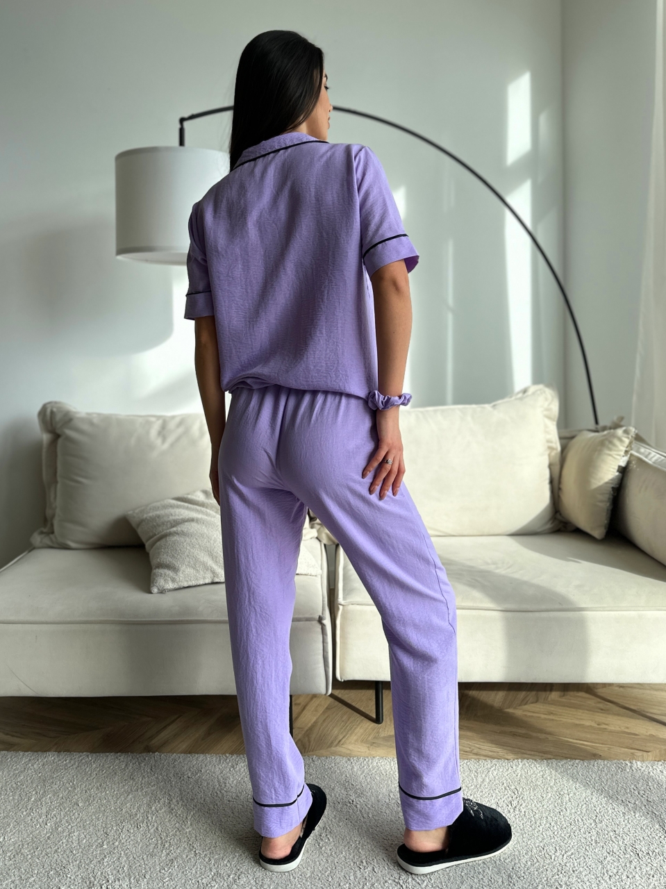 Set pijama dama din doua piese, cu nasturi – 2300131, Lila - poza 3