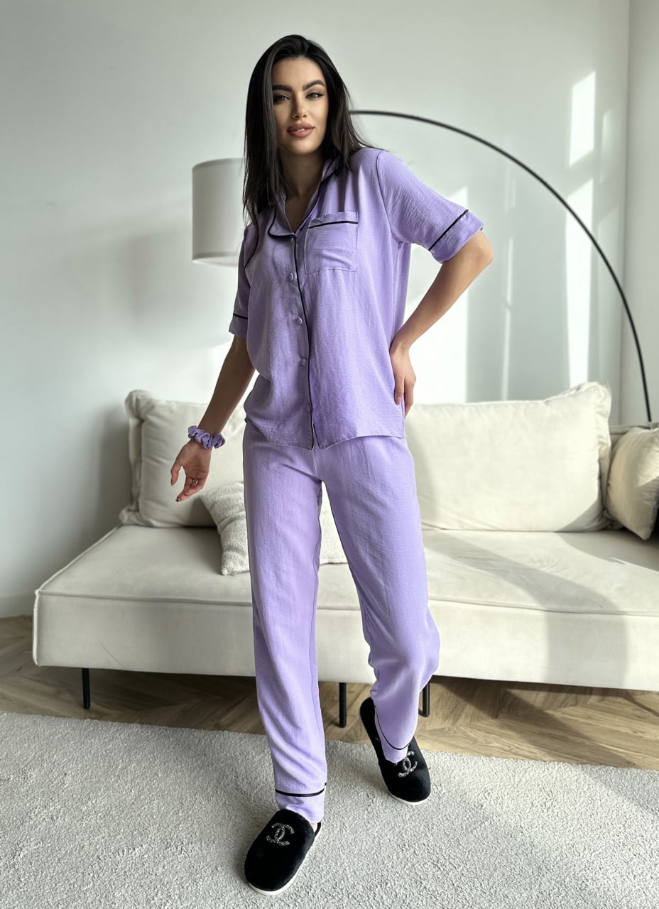 Set pijama dama din doua piese, cu nasturi – 2300131, Lila - poza 4
