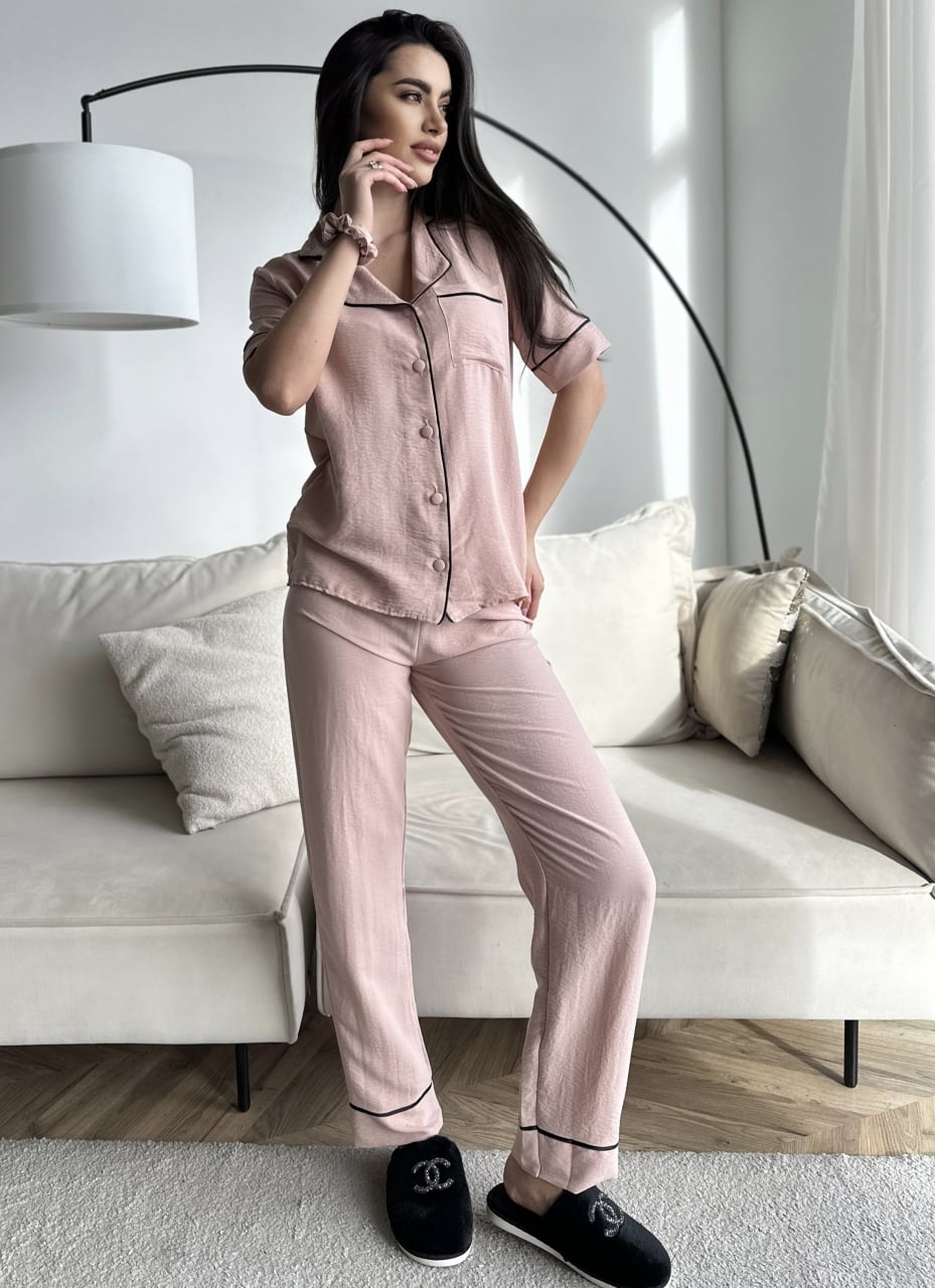 Set pijama dama din doua piese, cu nasturi – 2300132, Crem - poza 1