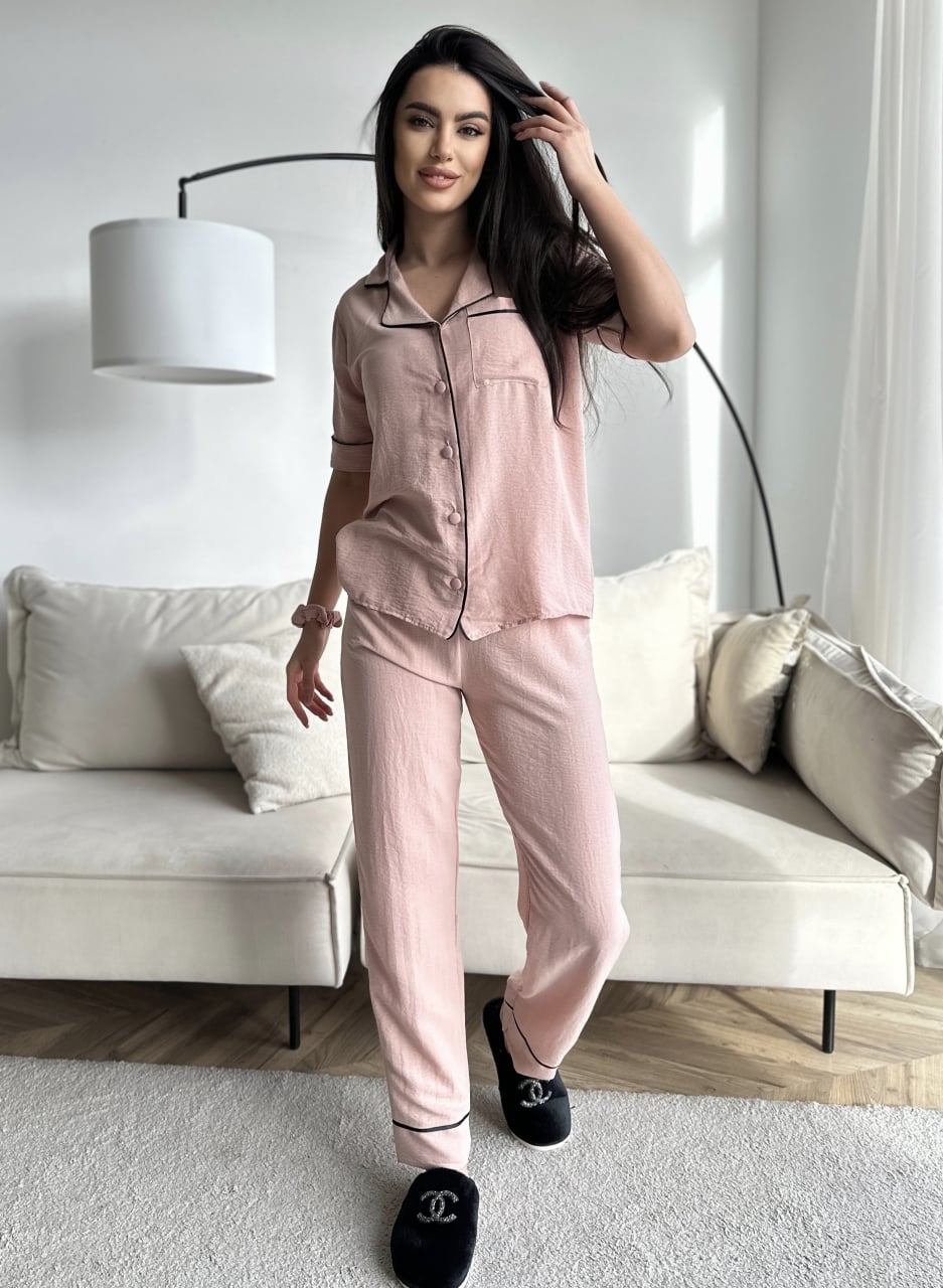 Set pijama dama din doua piese, cu nasturi – 2300132, Crem - poza 2