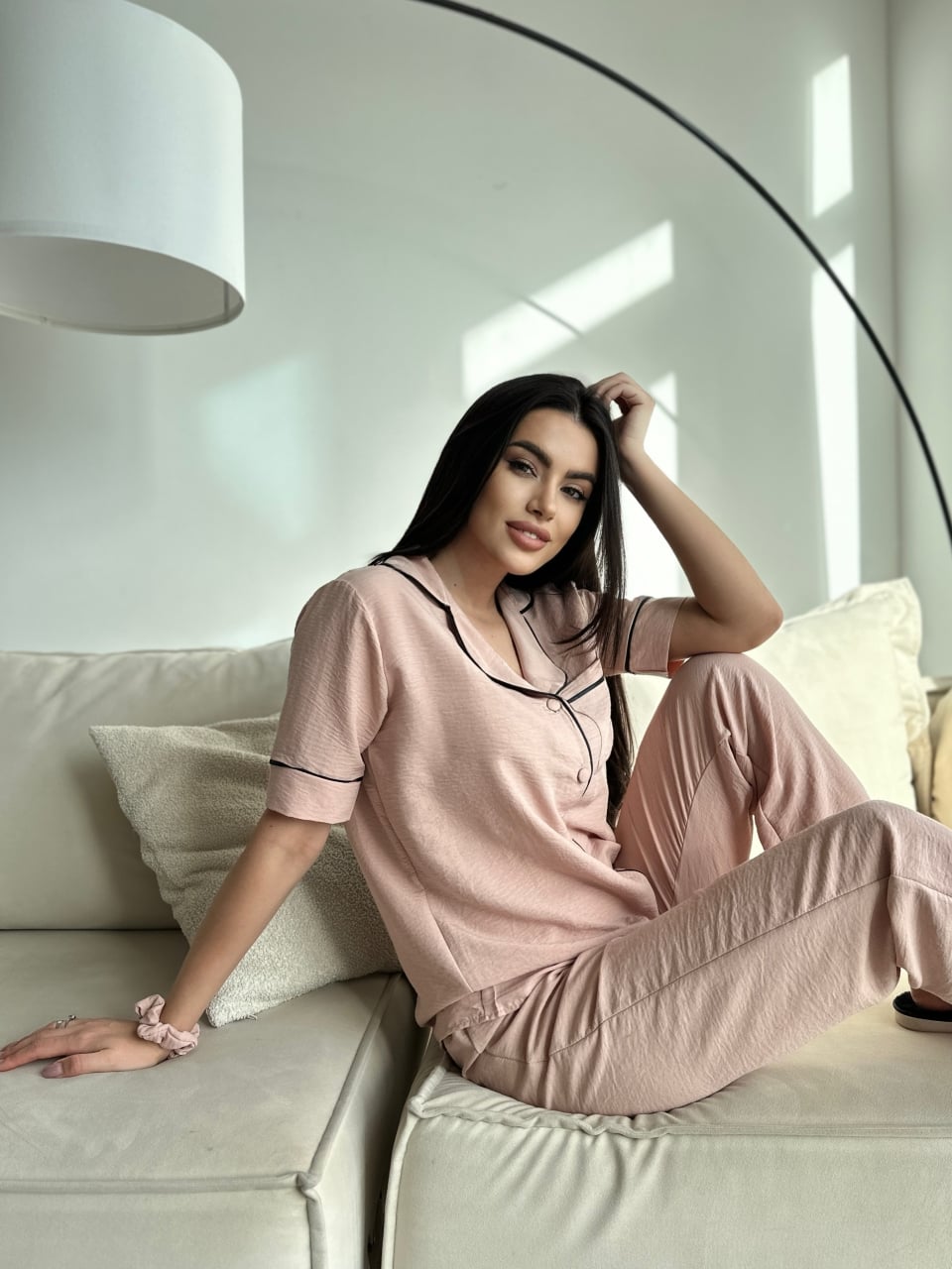 Set pijama dama din doua piese, cu nasturi – 2300132, Crem - poza 3
