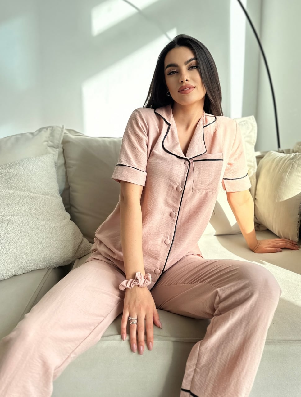 Set pijama dama din doua piese, cu nasturi – 2300132, Crem - poza 4