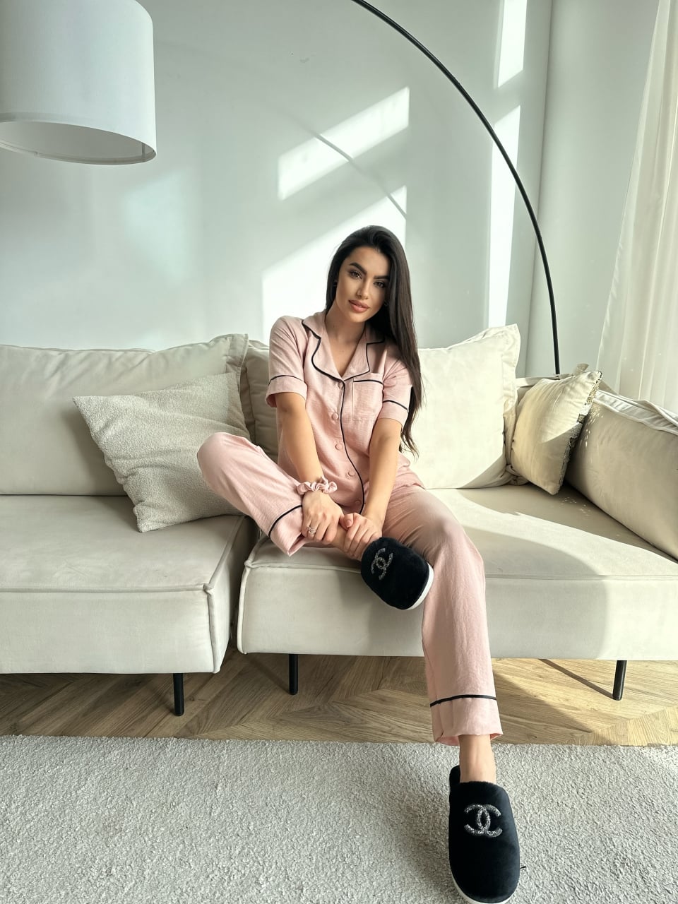 Set pijama dama din doua piese, cu nasturi – 2300132, Crem - poza 5
