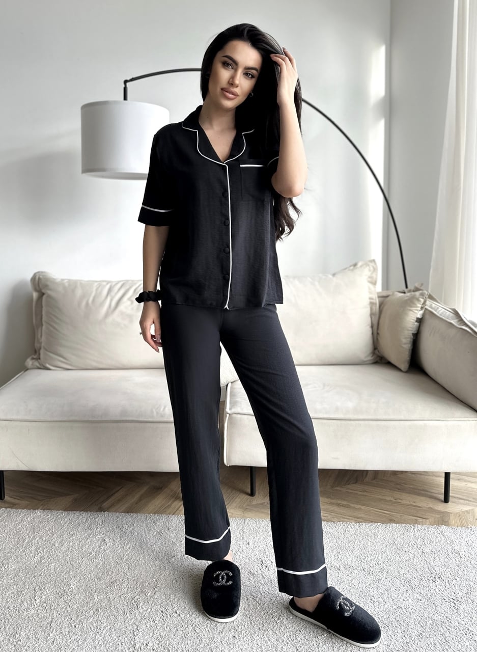 Set pijama dama din doua piese, cu nasturi – 2300134, Negru - poza 1