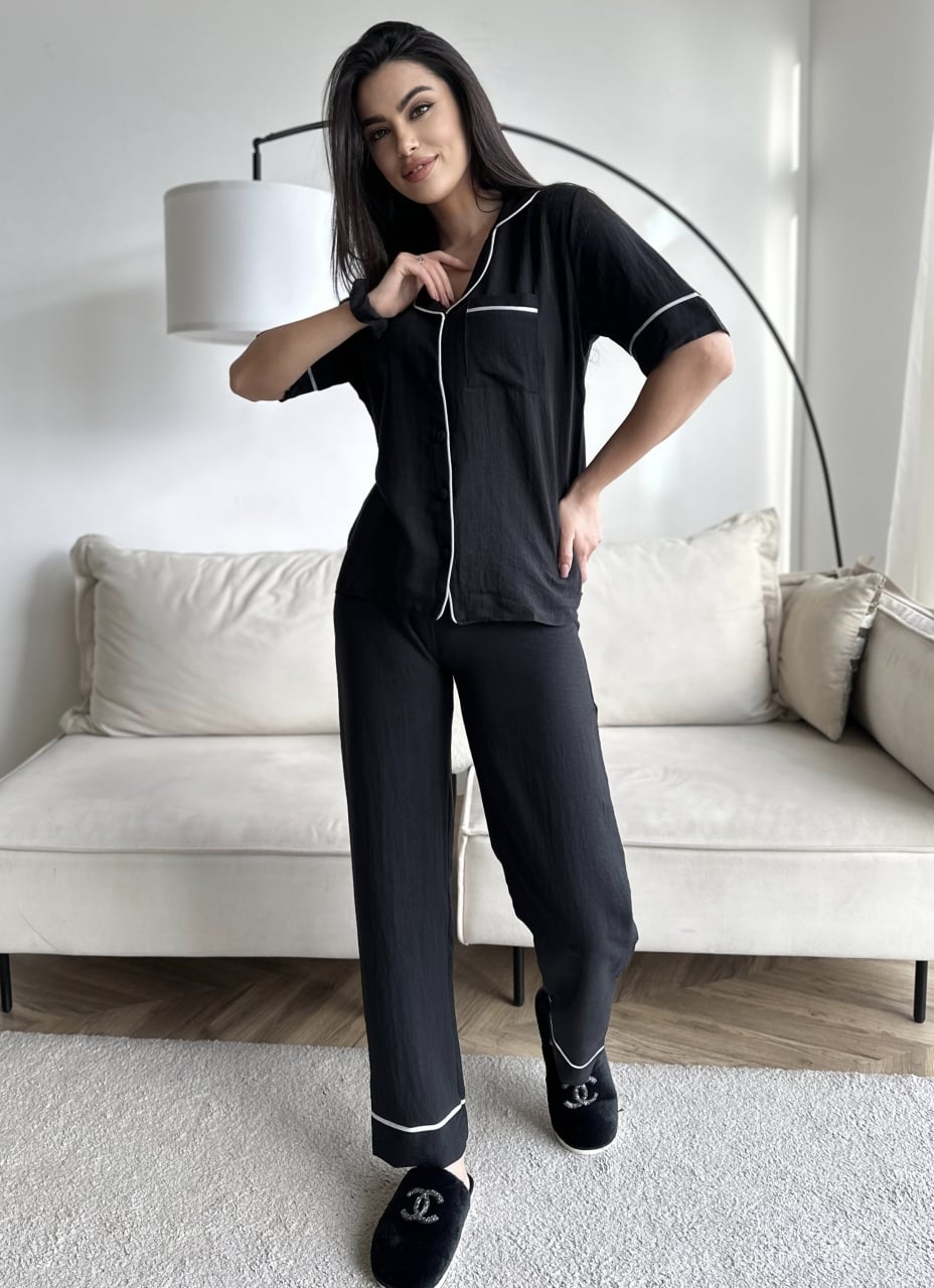 Set pijama dama din doua piese, cu nasturi – 2300134, Negru - poza 2