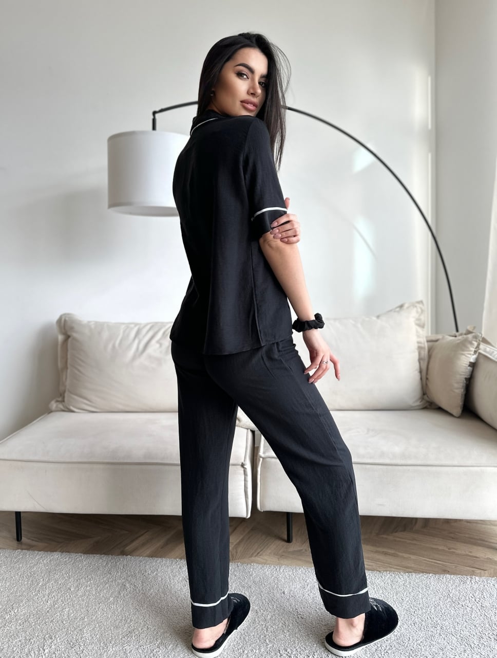 Set pijama dama din doua piese, cu nasturi – 2300134, Negru - poza 3