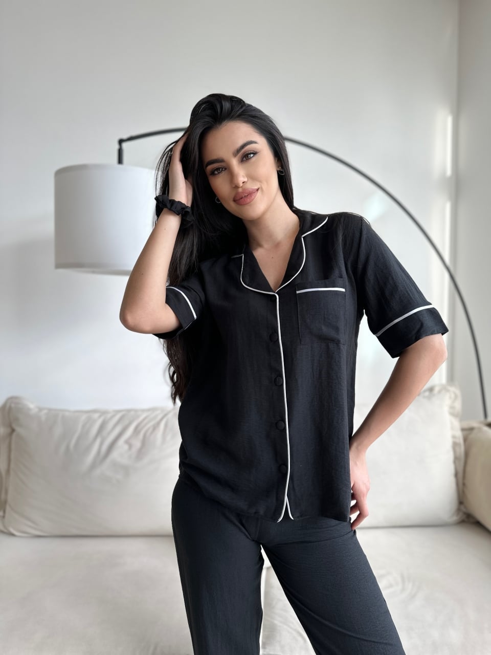 Set pijama dama din doua piese, cu nasturi – 2300134, Negru - poza 5