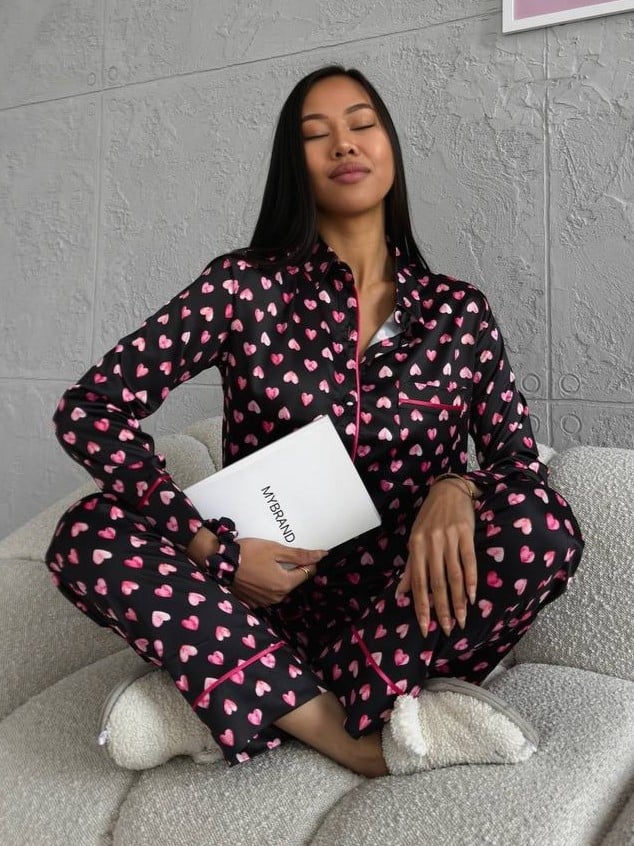 Set pijama dama din doua piese, cu nasturi – 2301408, Negru/ Roz - poza 1