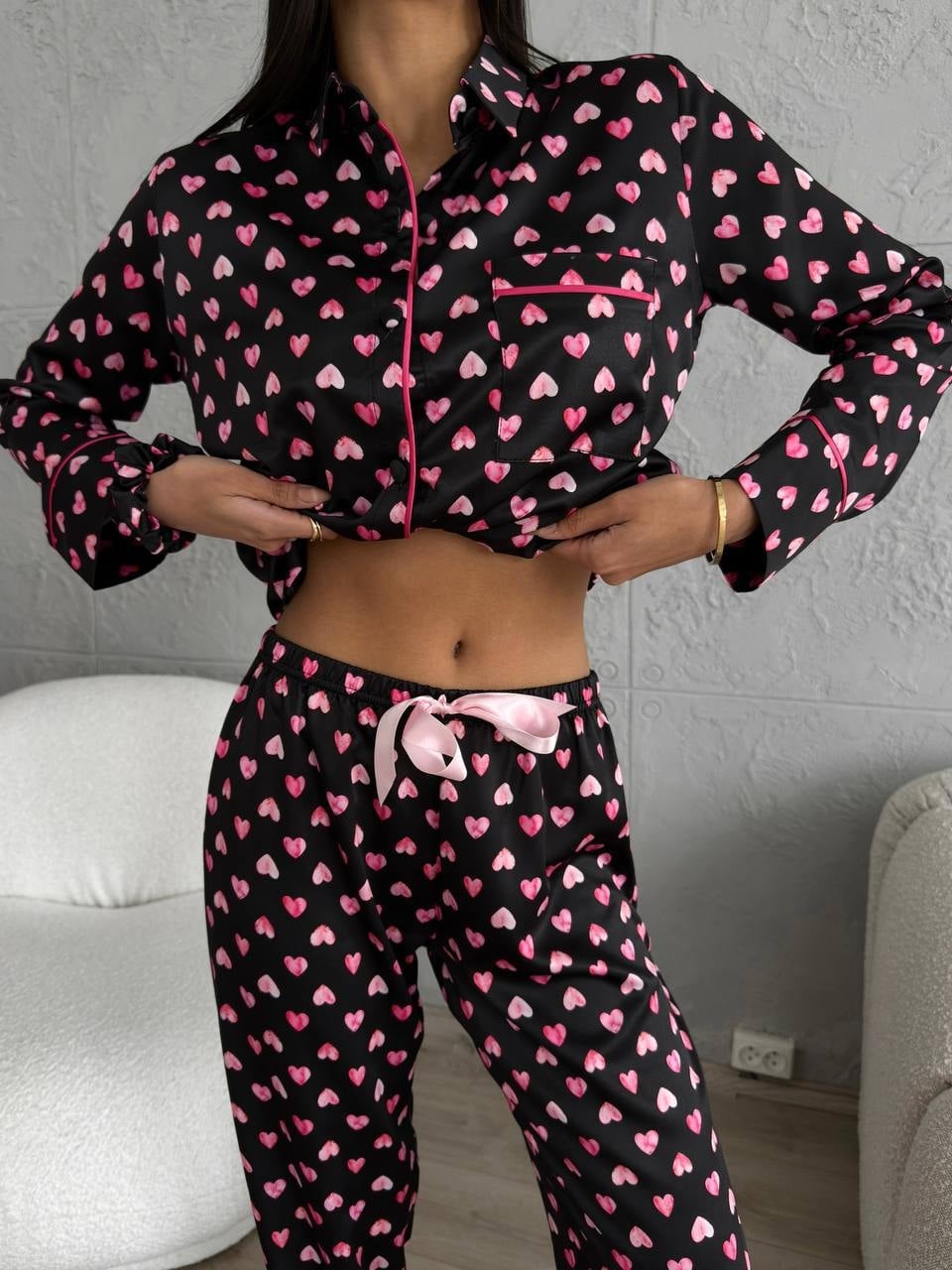 Set pijama dama din doua piese, cu nasturi – 2301408, Negru/ Roz - poza 2