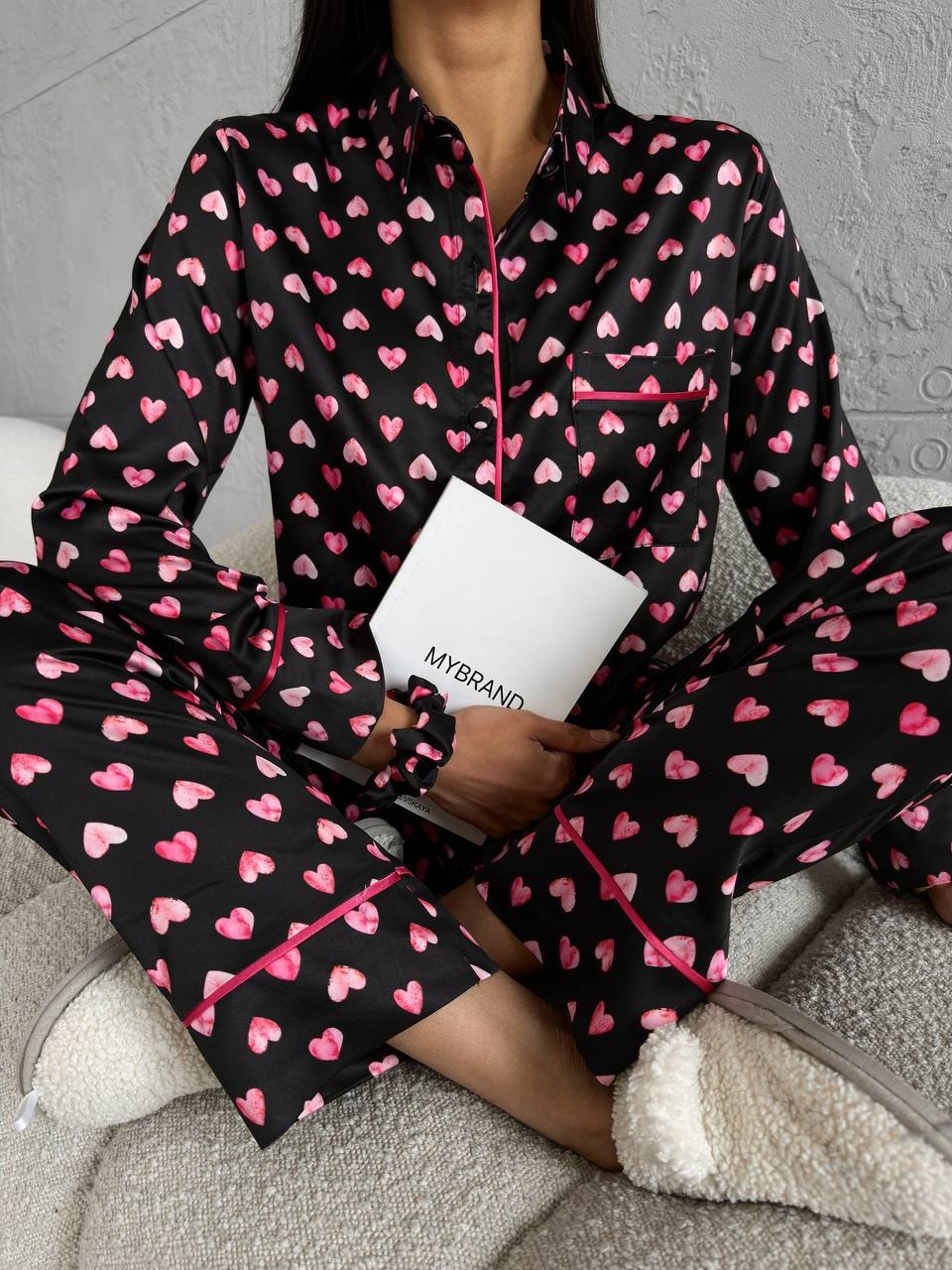 Set pijama dama din doua piese, cu nasturi – 2301408, Negru/ Roz - poza 3