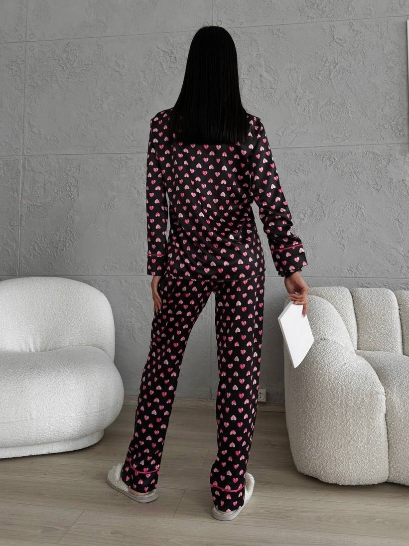 Set pijama dama din doua piese, cu nasturi – 2301408, Negru/ Roz - poza 5
