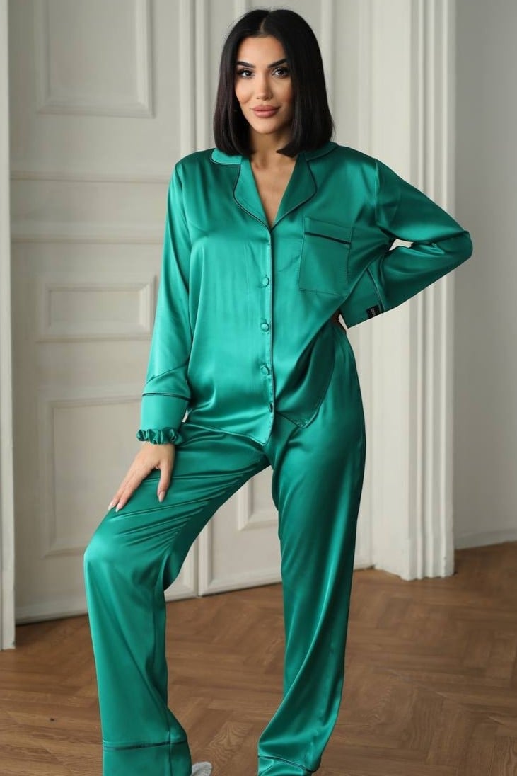 Set pijama dama din doua piese, cu nasturi – 2301490, Verde - poza 1