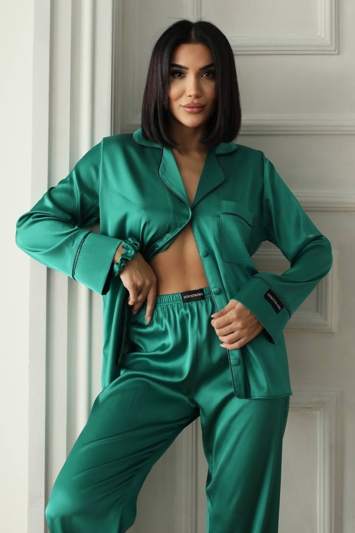 Set pijama dama din doua piese, cu nasturi – 2301490, Verde - poza 4