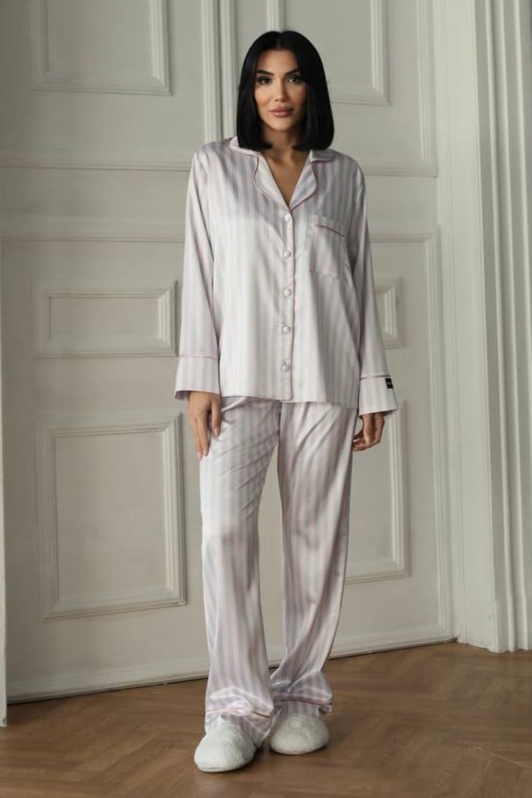 Set pijama dama din doua piese, cu nasturi – 2401656, Gri deschis - poza 1