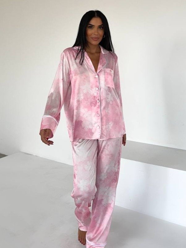 Set pijama dama din doua piese, cu nasturi – 2401667, Roz floral - poza 4