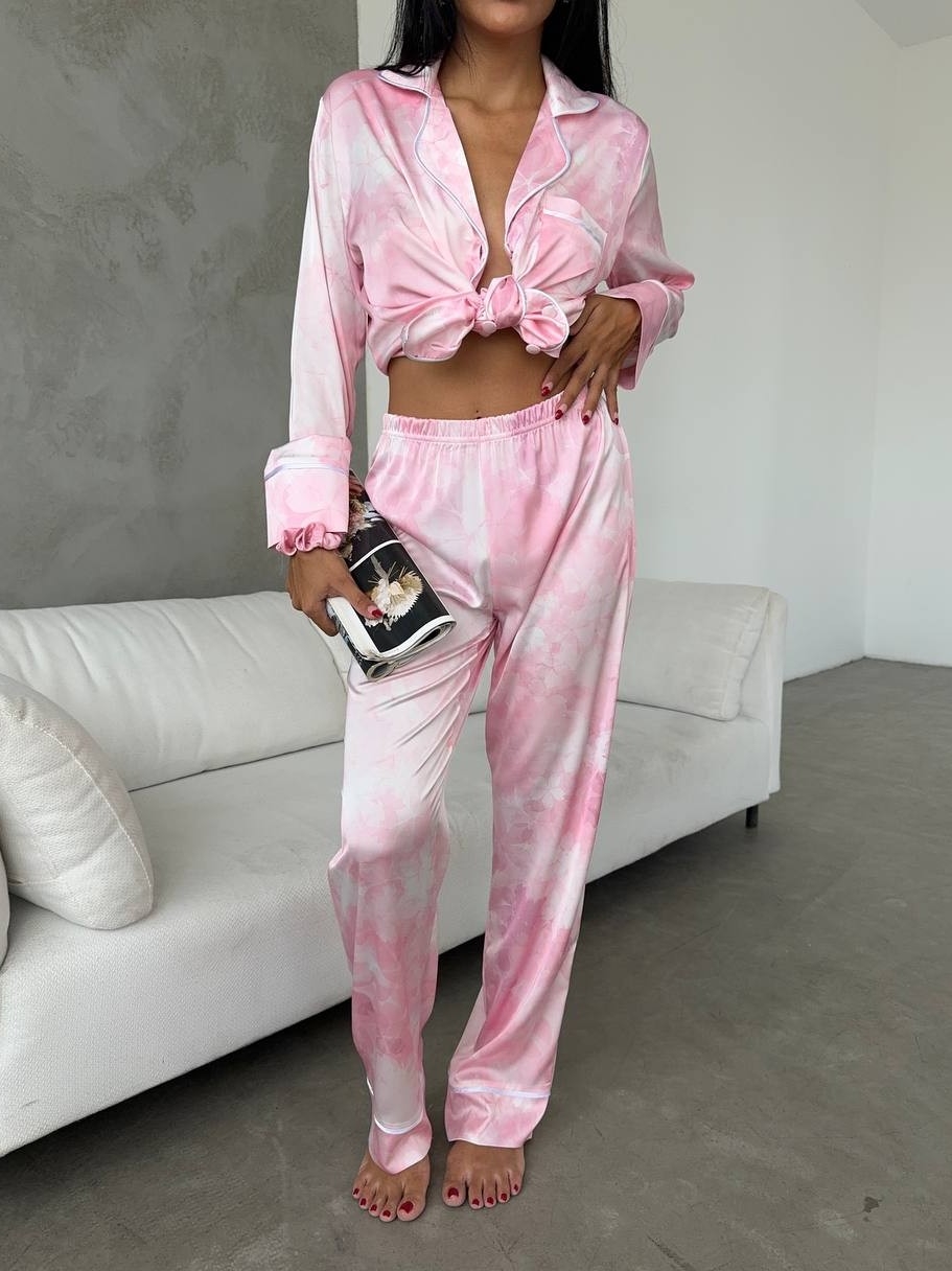 Set pijama dama din doua piese, cu nasturi – 2401667, Roz floral - poza 5