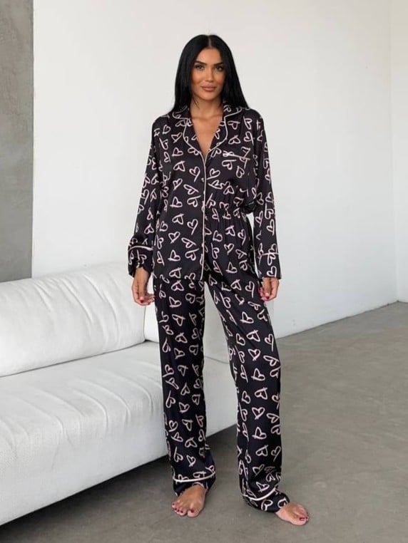 Set pijama dama din doua piese, cu nasturi – 2401677, Negru - poza 1