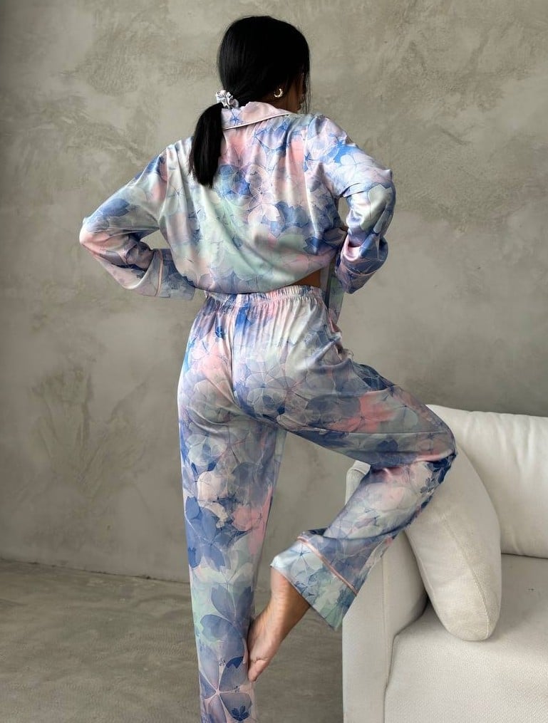 Set pijama dama din doua piese, cu nasturi – 2401679, Albastru floral - poza 2