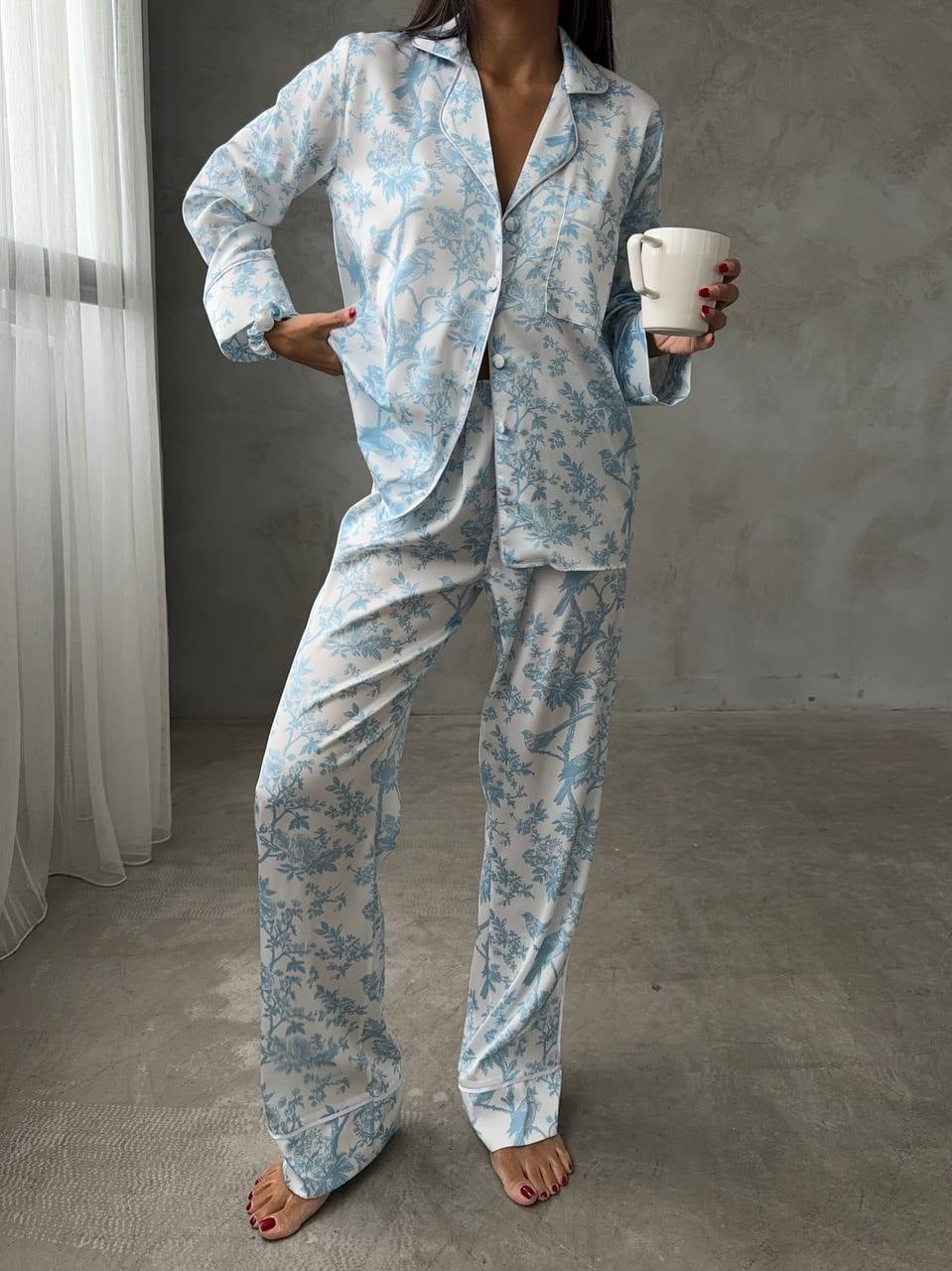 Set pijama dama din doua piese, cu nasturi – 2401692, Print floral albastru - poza 1