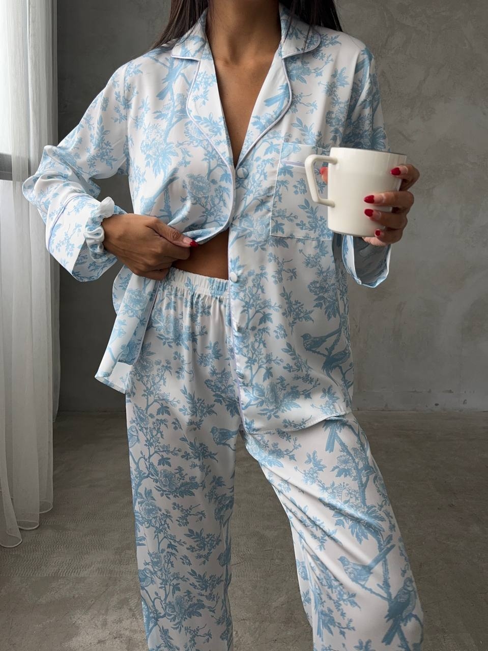 Set pijama dama din doua piese, cu nasturi – 2401692, Print floral albastru - poza 2
