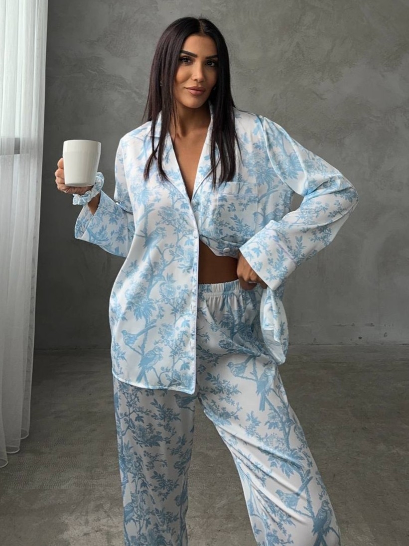 Set pijama dama din doua piese, cu nasturi – 2401692, Print floral albastru - poza 4