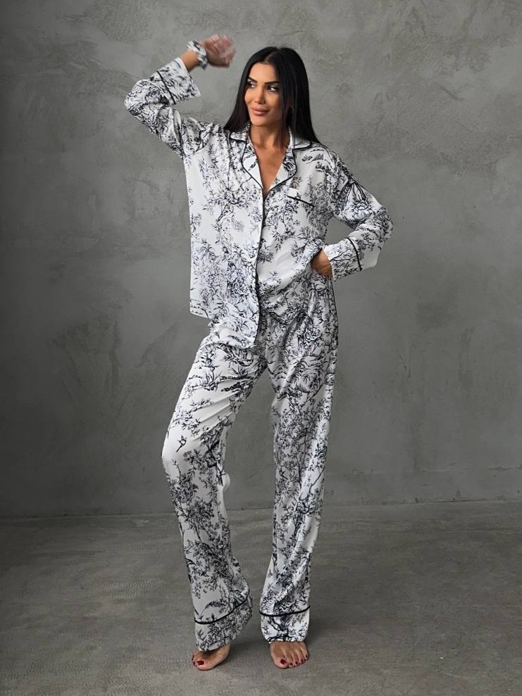 Set pijama dama din doua piese, cu nasturi – 2401693, Print floral negru/alb - poza 1